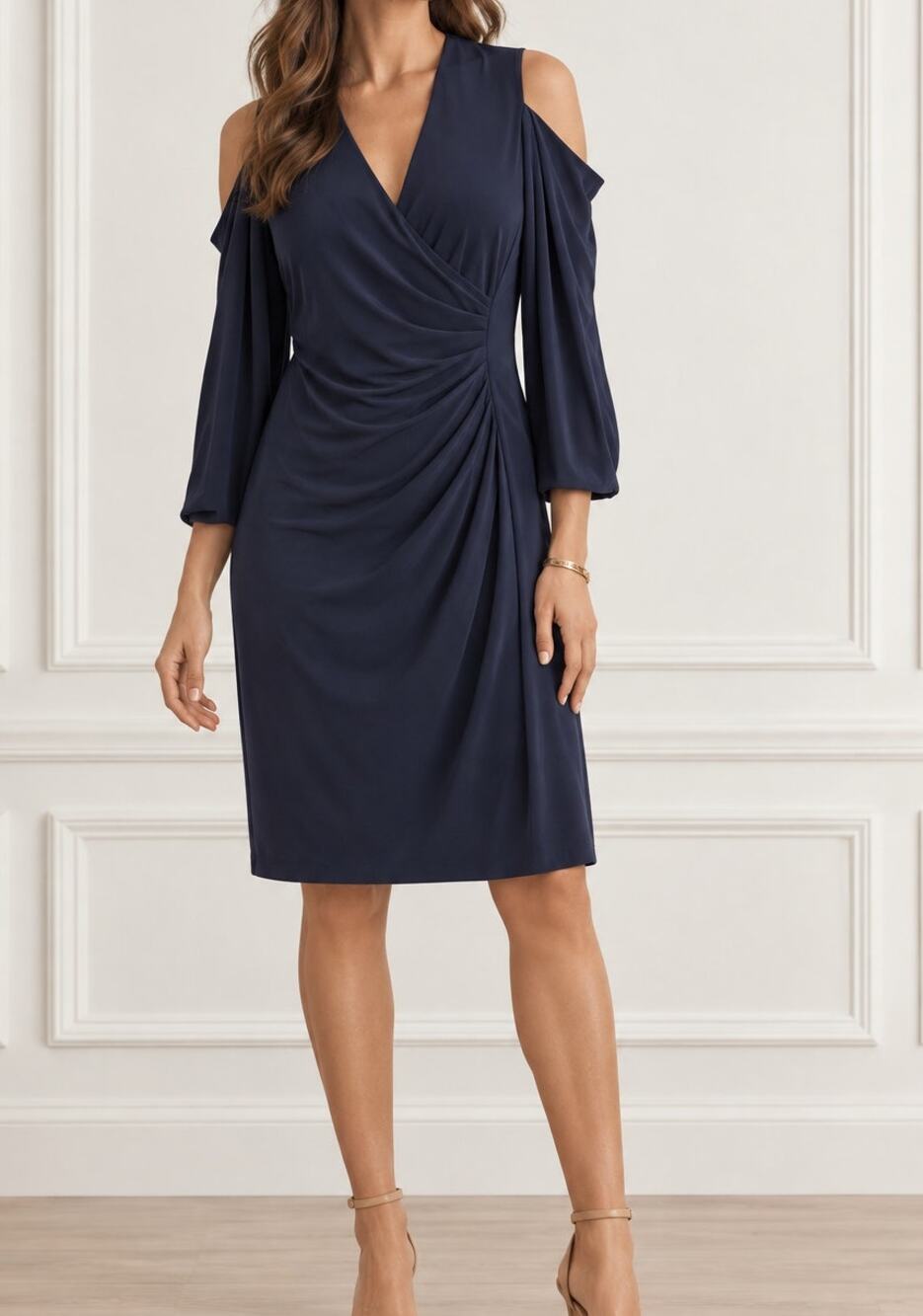 Lauren Ralph Lauren Navy Cold Shoulder Draped Ruched Sheath Cocktail Dress 4
